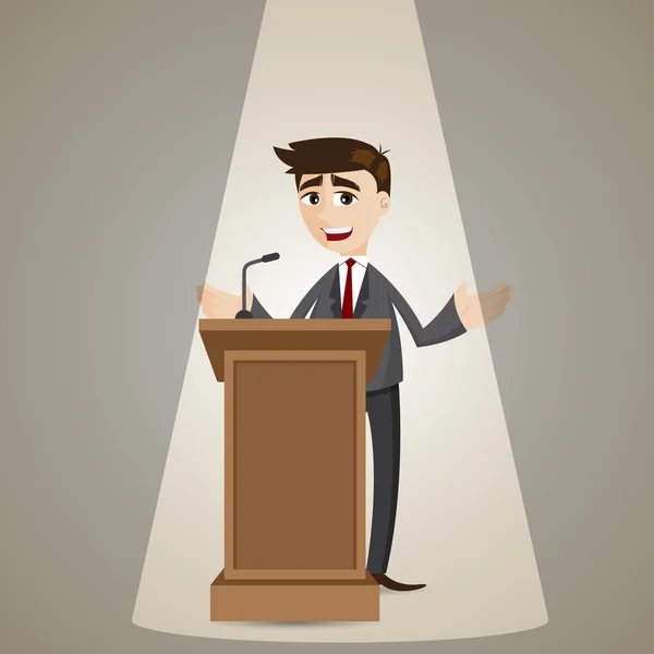 Hombre de negocios de dibujos animados hablando en el podio — Vector de stock