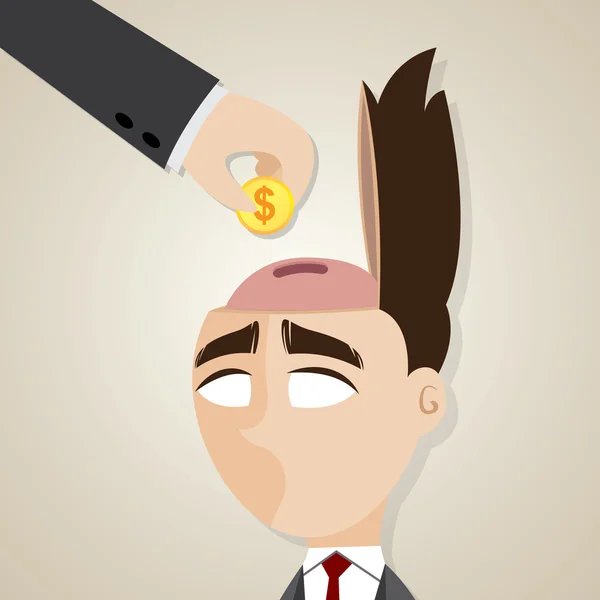 Cartoon businessman with gold coin to his head — Stock Vector