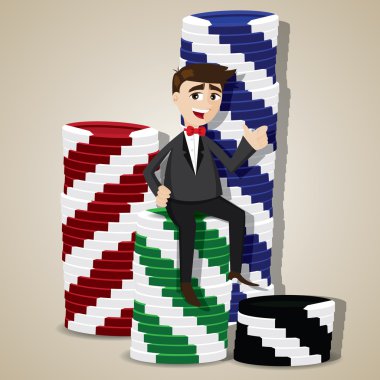 karikatür işadamı ile casino fişleri yığını