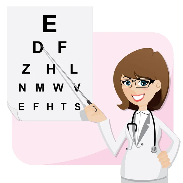 Cartoon girl ophthalmologist with chart testing eyesight — Stock Vector