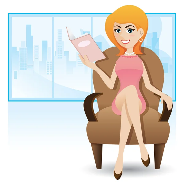 Cartoon smart woman sitting on sofa and reading magazine — Stock Vector