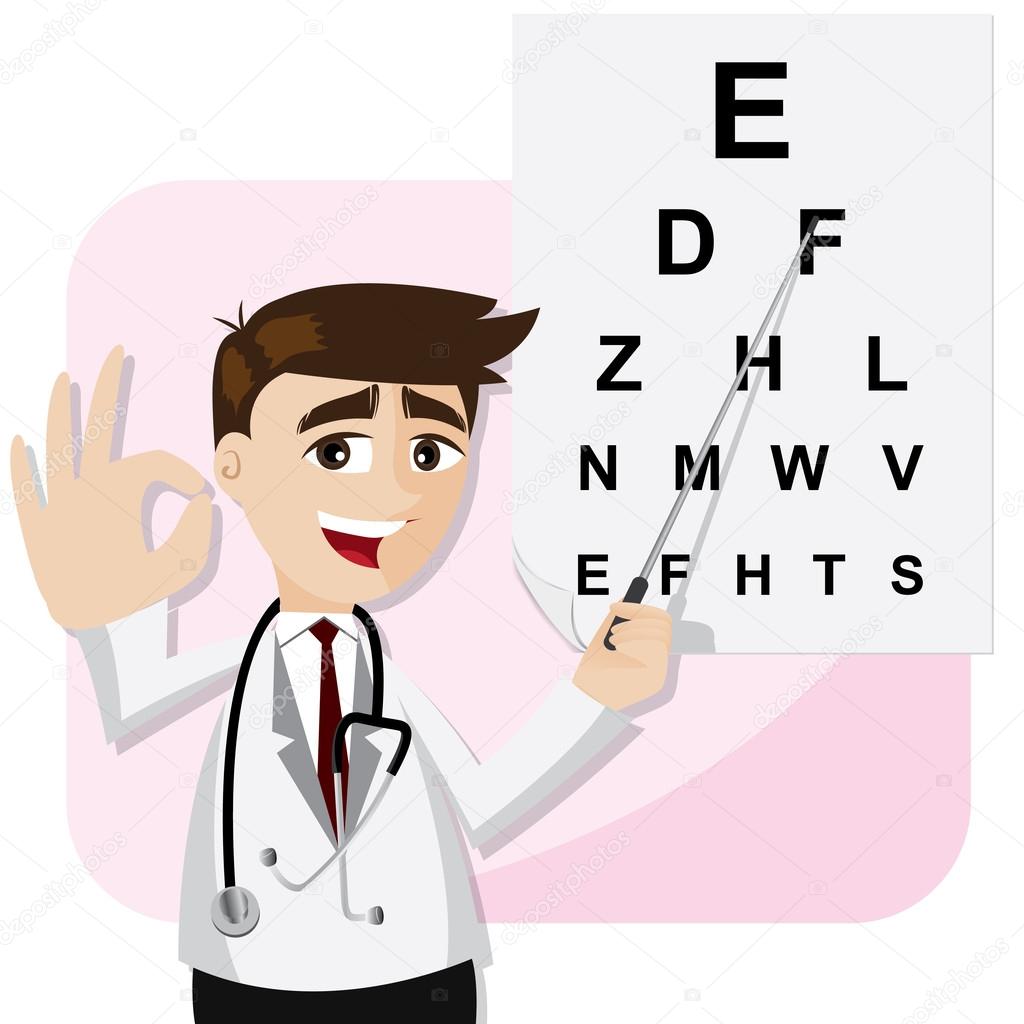 cartoon ophthalmologist with chart testing eyesight