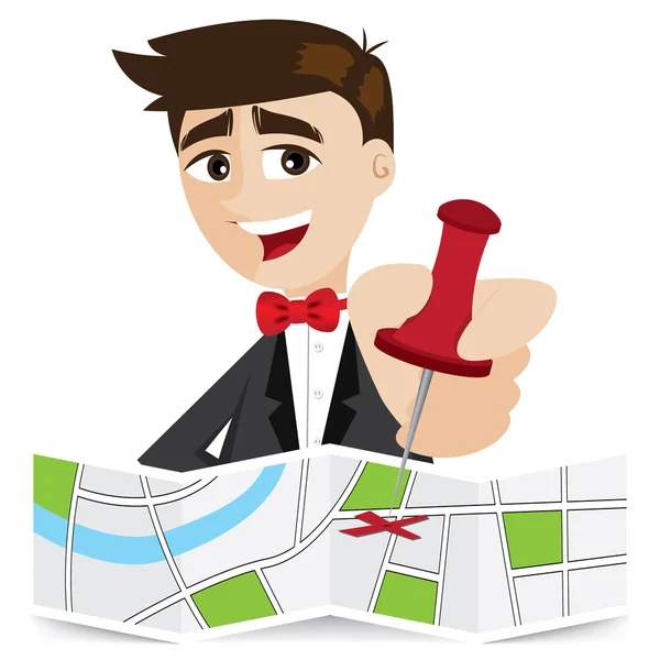 Dibujos animados hombre de negocios pin pegajoso en el mapa — Vector de stock