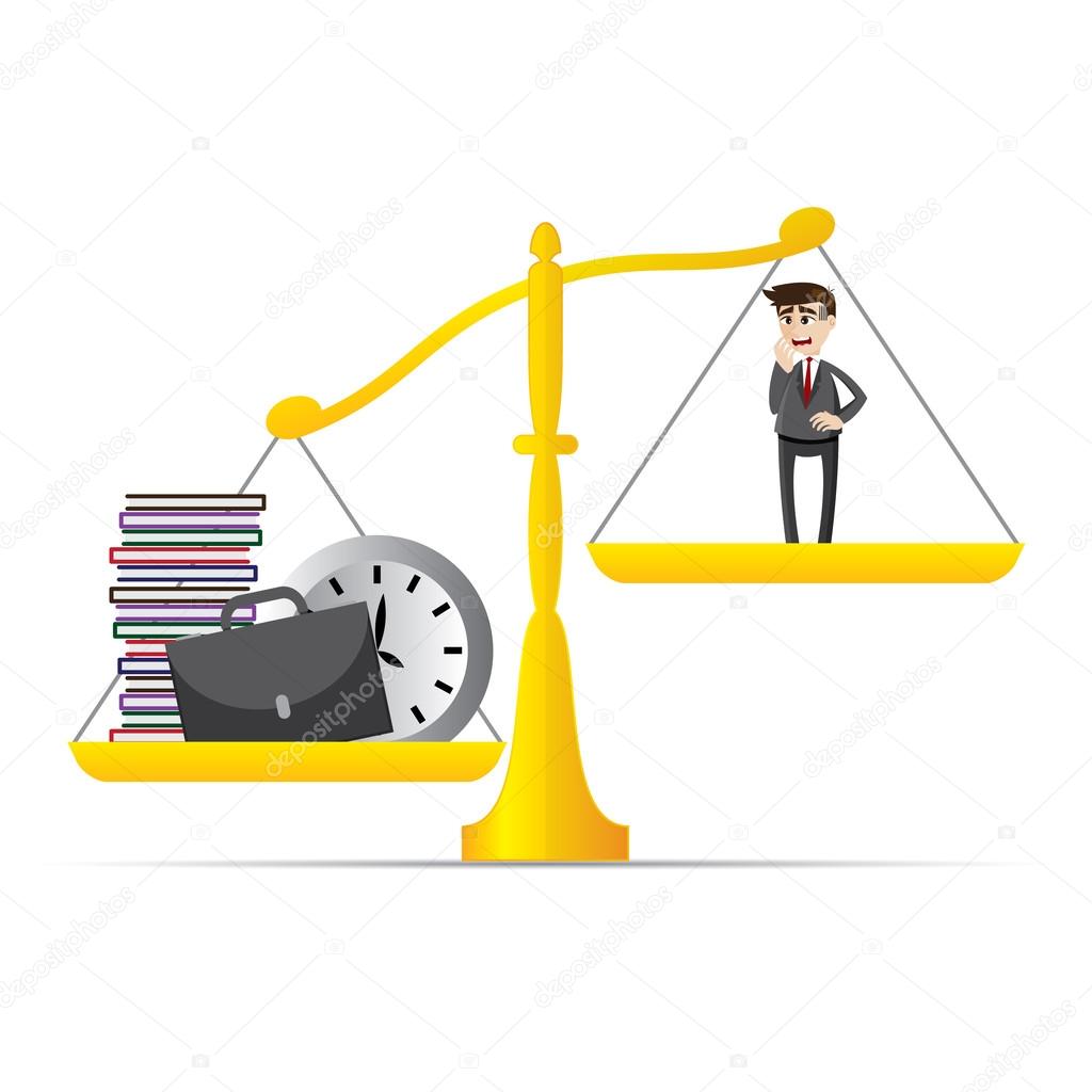 cartoon businessman and lot of work on balance scale