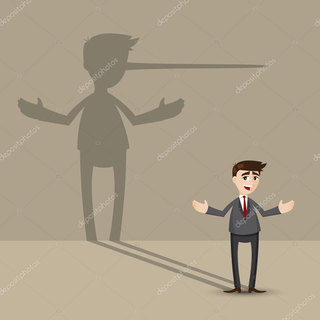 Cartoon nose over wall | Cartoon businessman with long nose shadow on