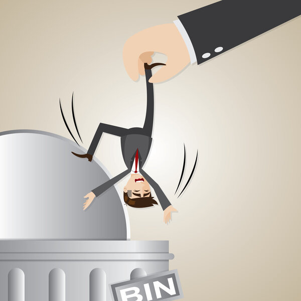 cartoon businessman dropped into trashcan
