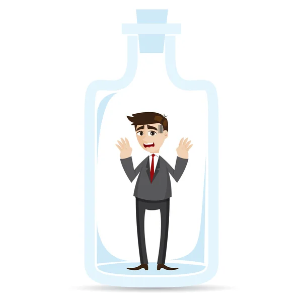 Cartoon businessman captured in bottle — Stock Vector