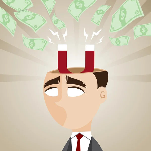 Homme d'affaires dessin animé avec de l'argent comptant magnétique — Image vectorielle