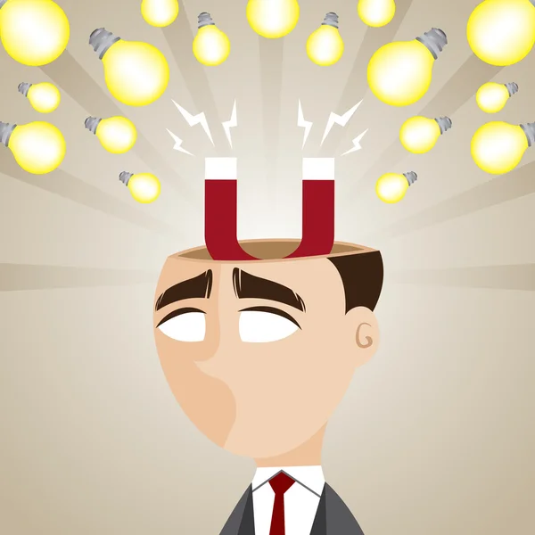 Uomo d'affari cartone animato con lampadina idea magnetica — Vettoriale Stock