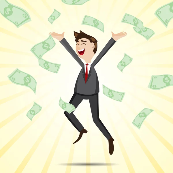 Cartoon happy businessman jumping with money — Stock Vector