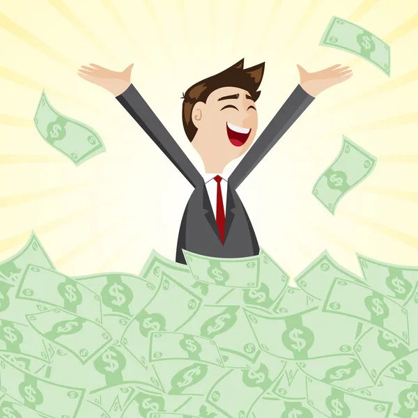 Cartoon businessman on pile of money cash — Stock Vector