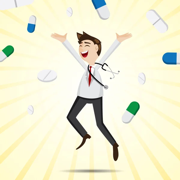 Cartoon happiness doctor jumping with medicine pills — Stock Vector