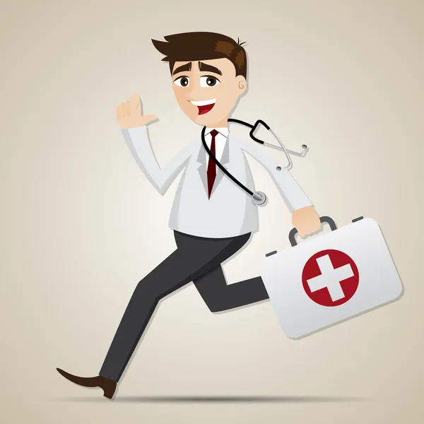 Cartoon doctor running with first aid box — Stock Vector