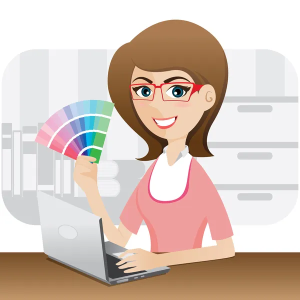 Cartoon girl graphic designer showing color chart — Stock Vector