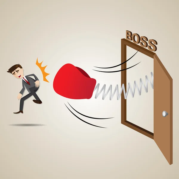 Cartoon businessman punch out of boss room — Stock Vector