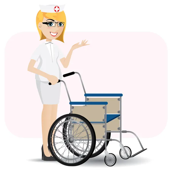 Cartoon Krankenschwester mit Rollstuhl — Stockvektor