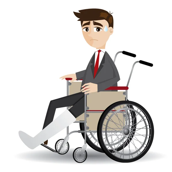 Cartone animato rotto gamba uomo d'affari seduto sulla sedia a rotelle — Vettoriale Stock