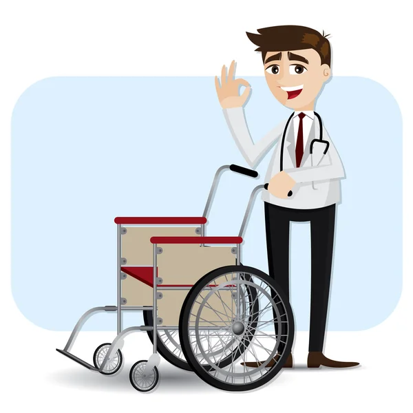 Médico dos desenhos animados com cadeira de rodas — Vetor de Stock