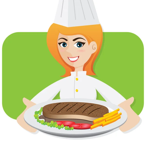 Cartoon girl chef serving steak — Stock Vector