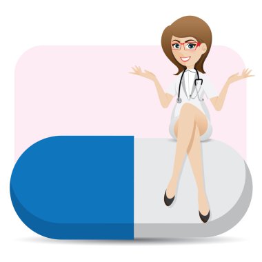 karikatür şirin doktor büyük kapsül üzerinde oturan
