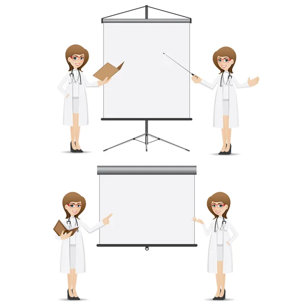 Kartun lucu dokter presentasi dengan set papan kosong - Stok Vektor