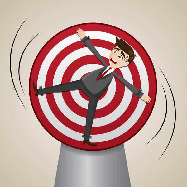 Cartoon businessman locked on spinning target — Stock Vector
