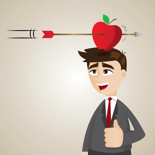 Hombre de negocios de dibujos animados con manzana en la cabeza — Vector de stock