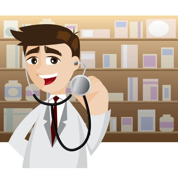 Cartoon doctor in action using stethoscope — Stock Vector