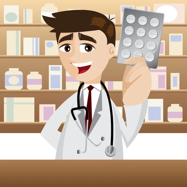 Cartoon farmacista con confezione di medicinali — Vettoriale Stock