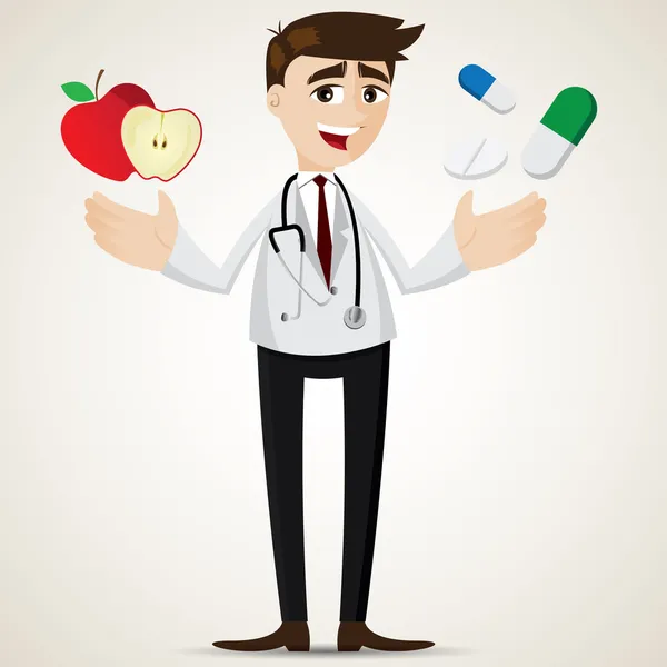 Cartoon pharmacist with apple and pills — Stock Vector