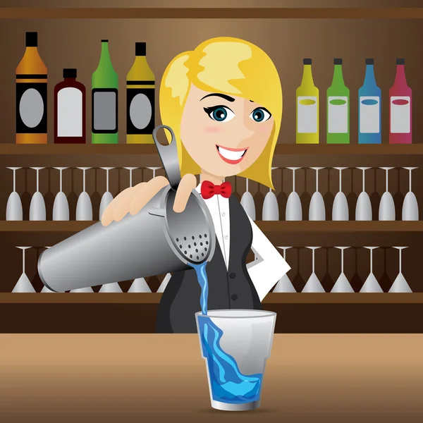 Cartoon meisje barman gieten cocktail — Stockvector