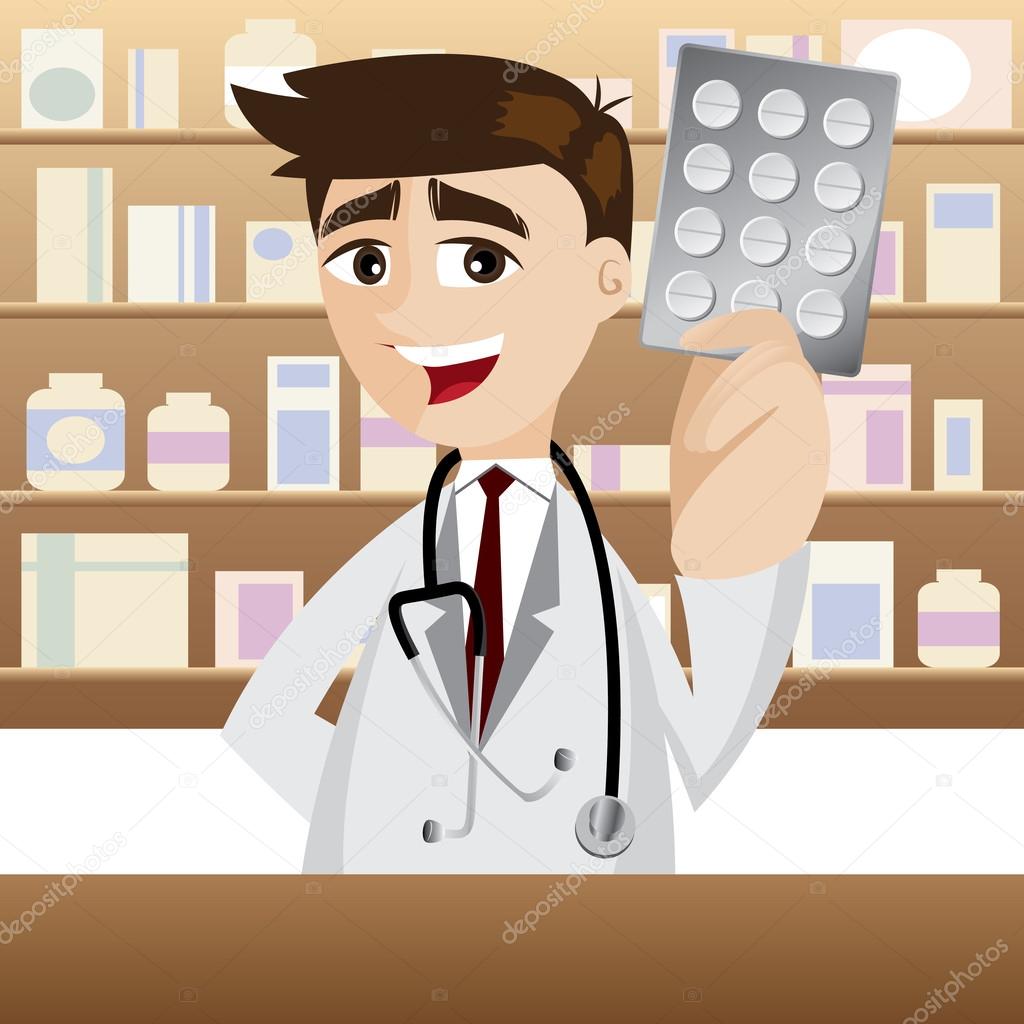Farmacêutico dos desenhos animados com embalagem de medicamento vetor ...