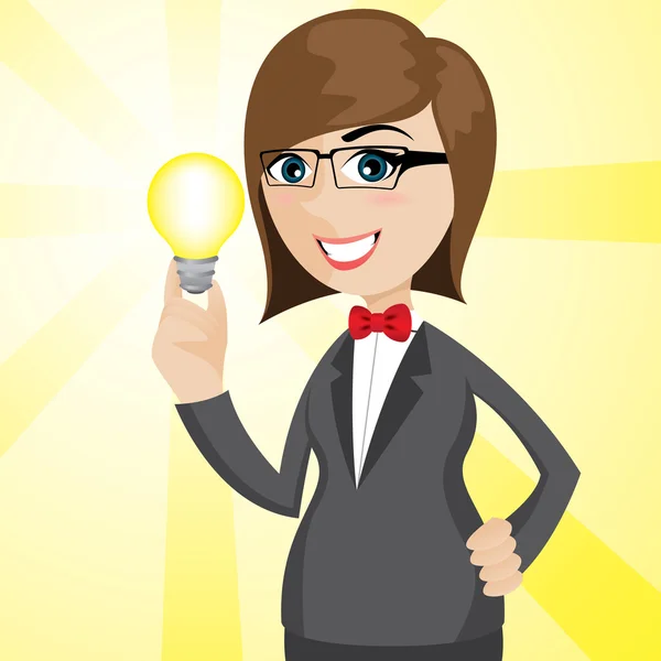 Cartoon business woman with shiny idea bulb — стоковый вектор