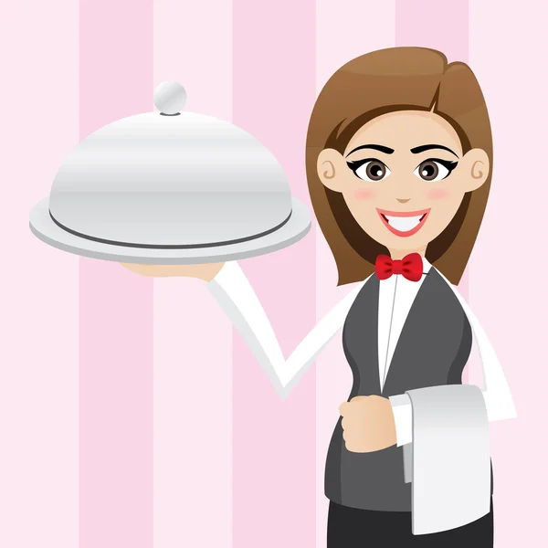 Cartoon cute waitress with food tray — Stock Vector