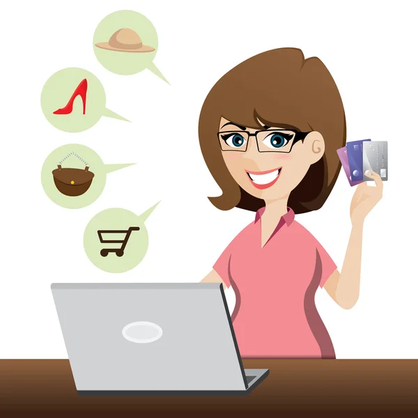 Dibujos animados linda chica de compras en línea con tarjetas de crédito — Vector de stock