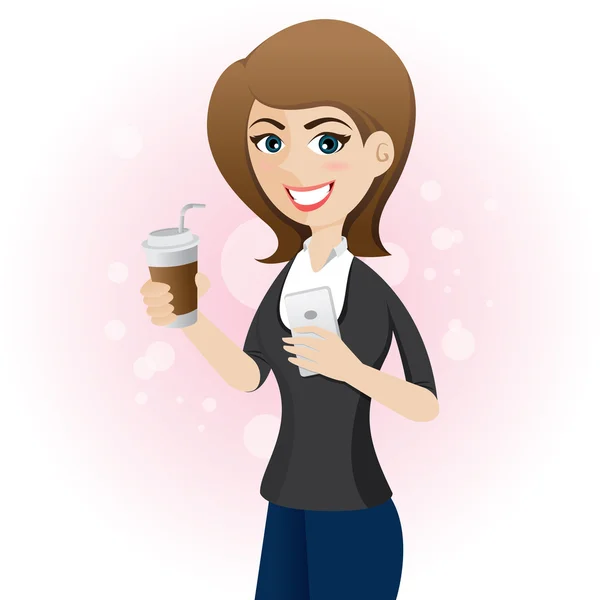 Desenho animado bonito menina com xícara de café e telefone inteligente — Vetor de Stock