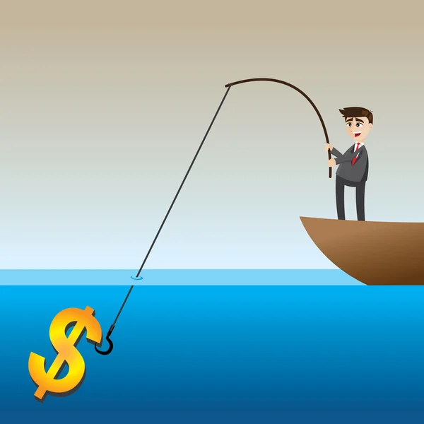 Cartoon businessman fishing money on boat — Stock Vector