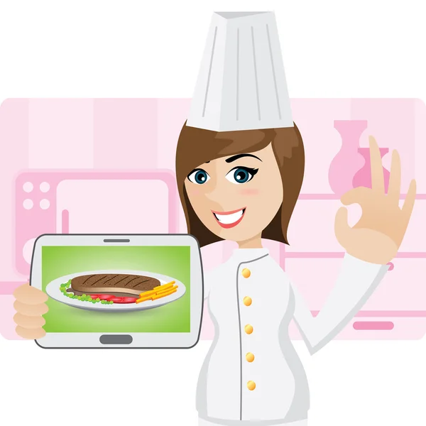 Dessin animé petit chef montrant menu steak en tablette — Image vectorielle