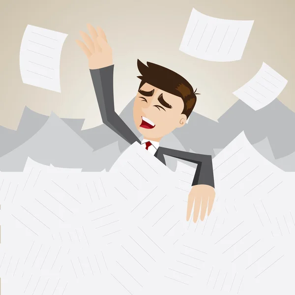 Cartoon businessman under pile of paper — Stock Vector