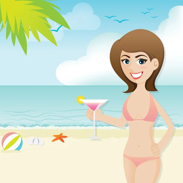 卡通可爱的女孩，在沙滩上鸡尾酒 — 图库矢量图片