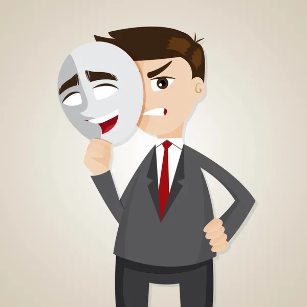 Cartoon boos zakenman onder gelukkig masker — Stockvector