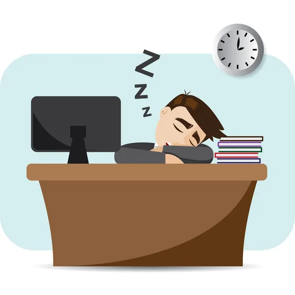 Dibujos animados empresario durmiendo en el tiempo de trabajo — Vector de stock