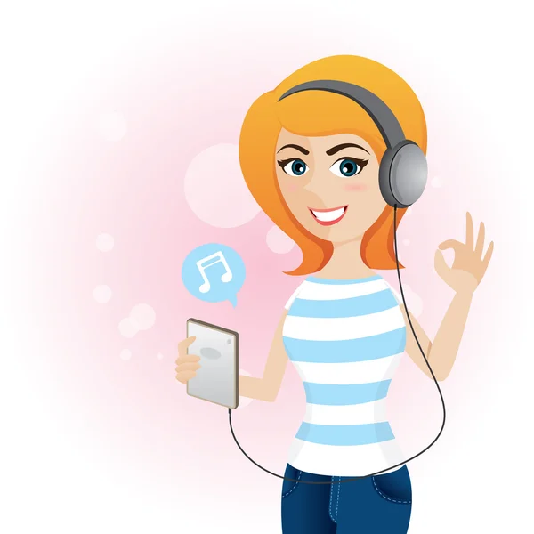 Мультяшна мила дівчина слухати музику з навушниками — стоковий вектор