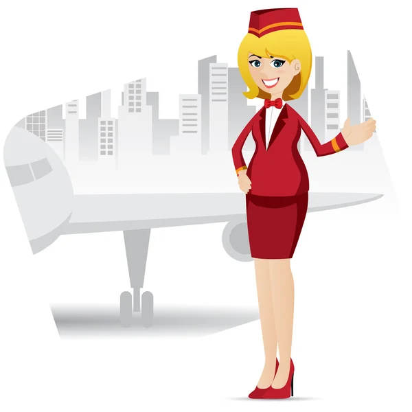 Cartoon niedliche Stewardess mit Flughafen-Hintergrund — Stockvektor