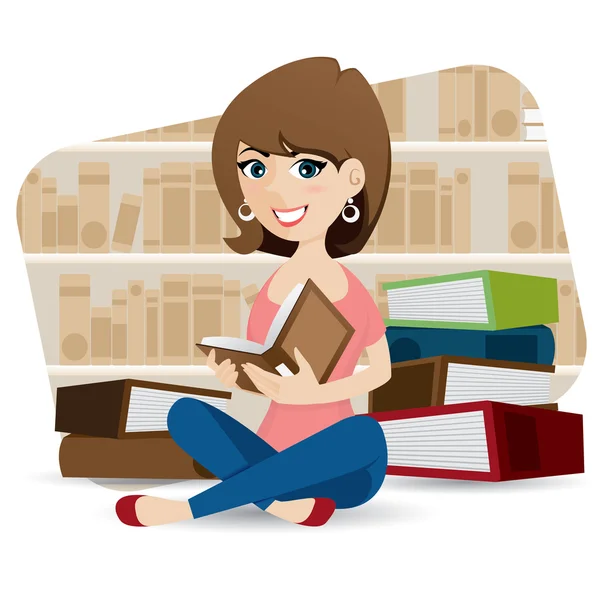 Dibujos animados linda chica leyendo libro en la biblioteca — Vector de stock