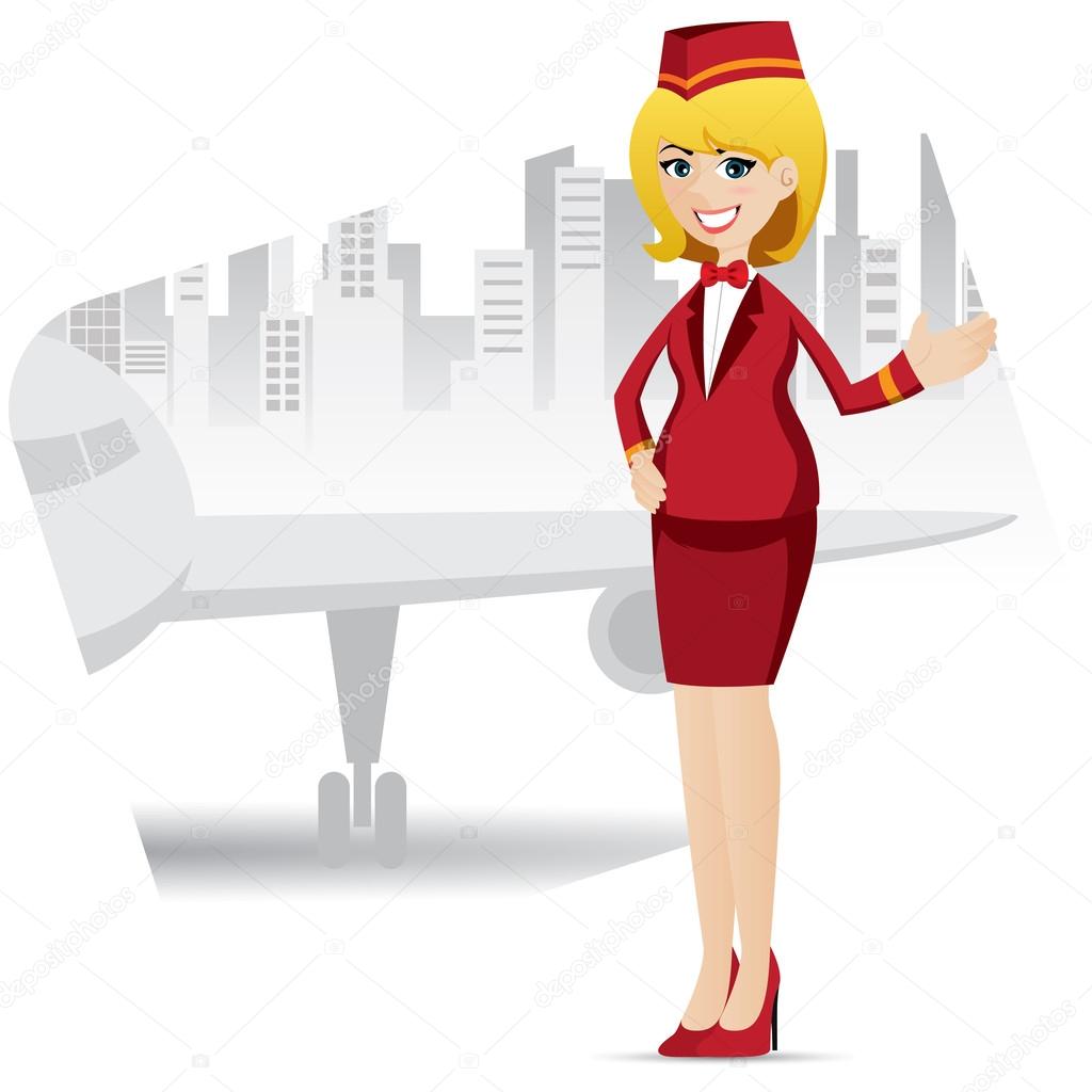 cartoon cute air hostess with airport background