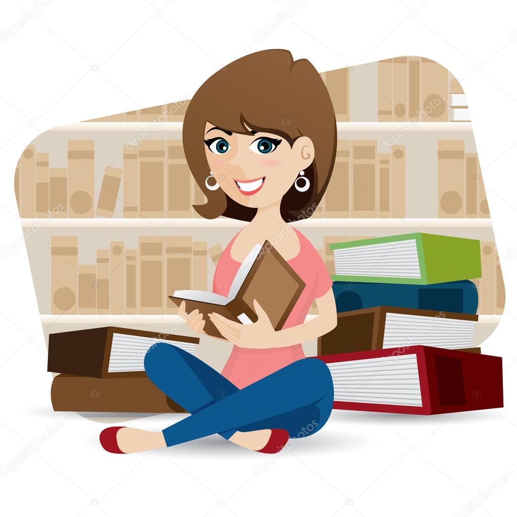 cartoon cute girl reading book in library