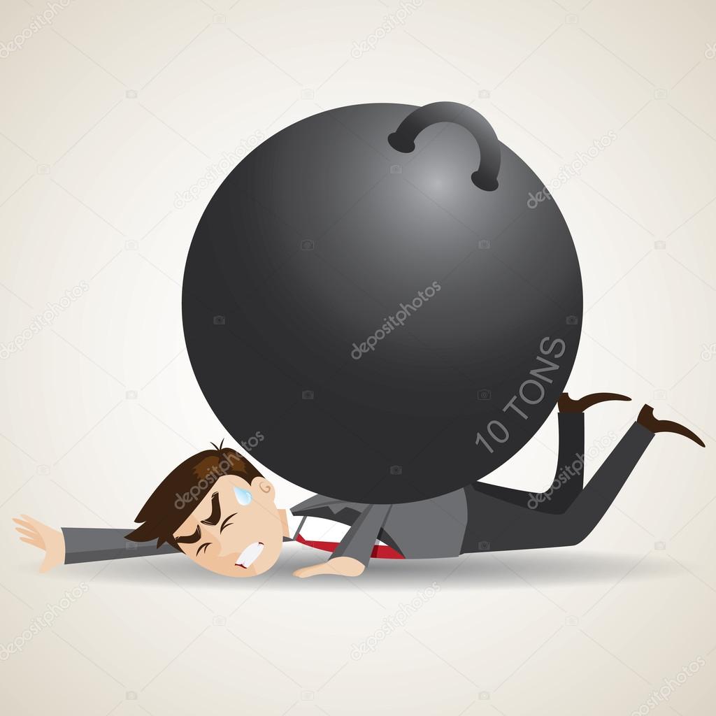Cartoon businessman falling with weight on his back