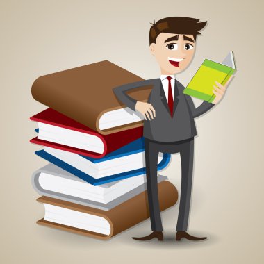 karikatür işadamı kitap yığını ile okuma