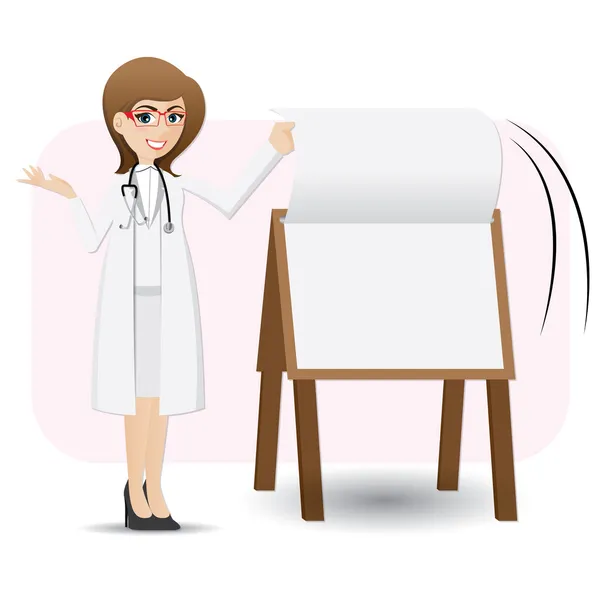Γελοιογραφία κτυπήματος χαρτί το χαριτωμένο γιατρού σε παρουσίαση πίνακα — Διανυσματικό Αρχείο